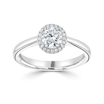 simple diamond round halo engagement ring in white gold