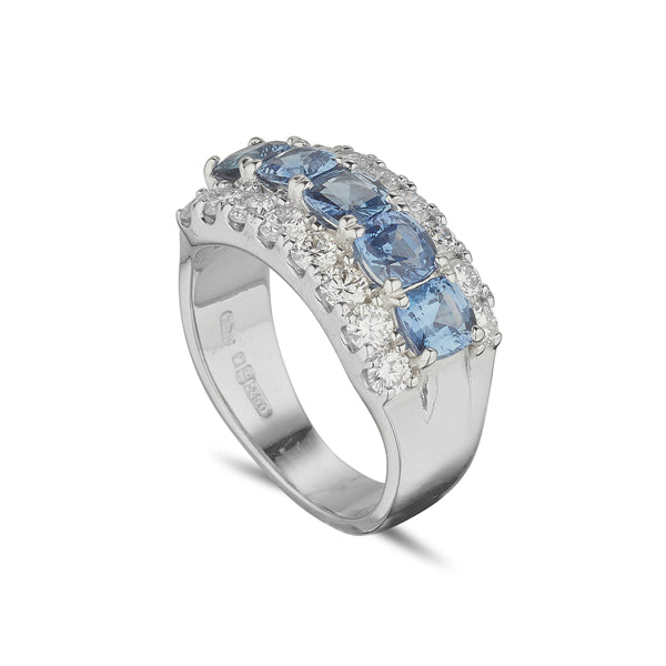 Sapphire and diamond 3 row ring