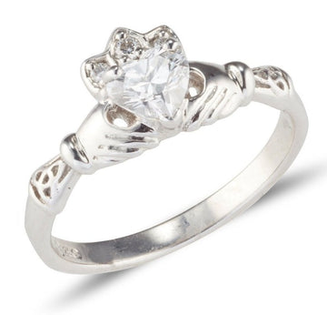 18ct white gold claddagh ring with 5mm heart shaped d colour Diamond with small celtic details for the cuffs