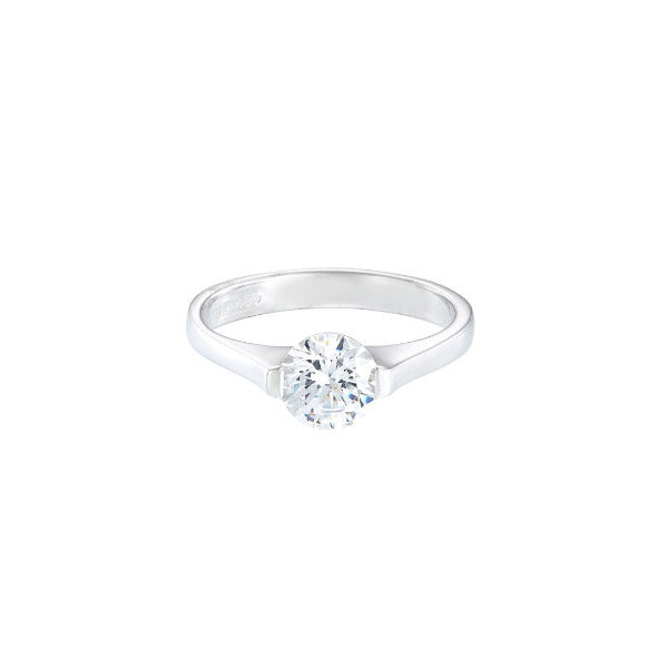 18ct white gold modern diamond solitaire engagement ring with round stone in suspension setting