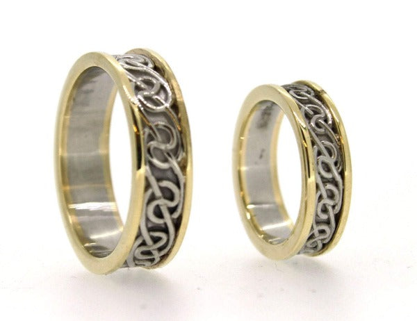 2 tone white gold inside with yellow gold rimms celtic design wedding rings
