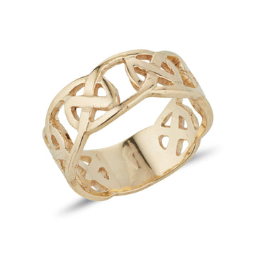 yellow gold celtic design ring circle of life pattern, this is a 1/3 design 2/3 plain ring with a pierced out design