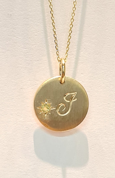 9ct yellow gold disc and cahin with hand engraved initial and birthstone