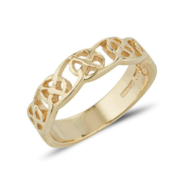 yellow gold celtic design ring circle of life pattern, this is a 1/2 design 1/2 plain ring with a pierced out design
