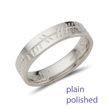 easy fit profile, flat on the outside and curved inside, the ring is engraved with personailed Ogham script