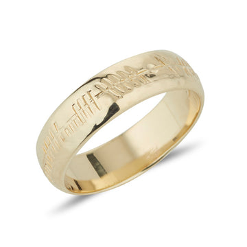 yellow gold d shaped gents wedding ring or ladies ring with celtic ogham inscription