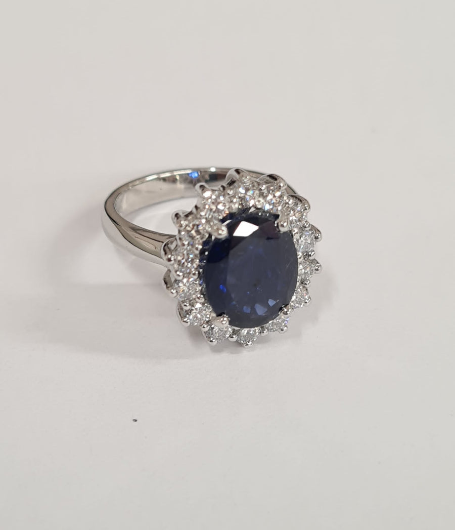 Platinum Diamond and Sapphire oval classic Princess Diana ring