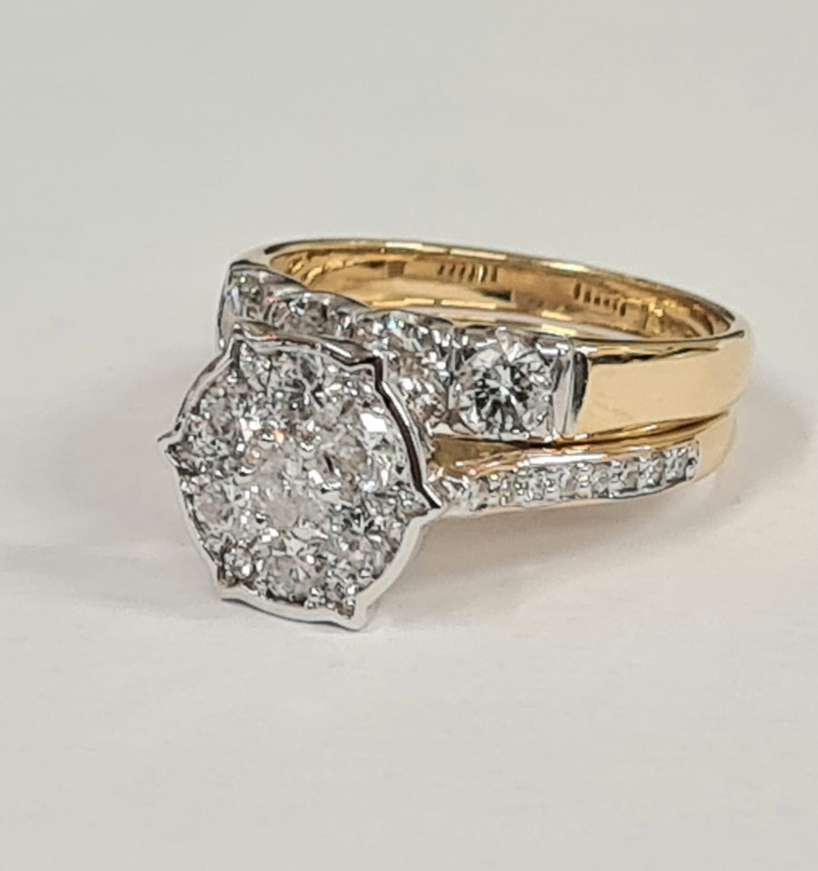 18ct Yellow Gold Illusion cluster ring with matching 4 stone diamond set wedding ring