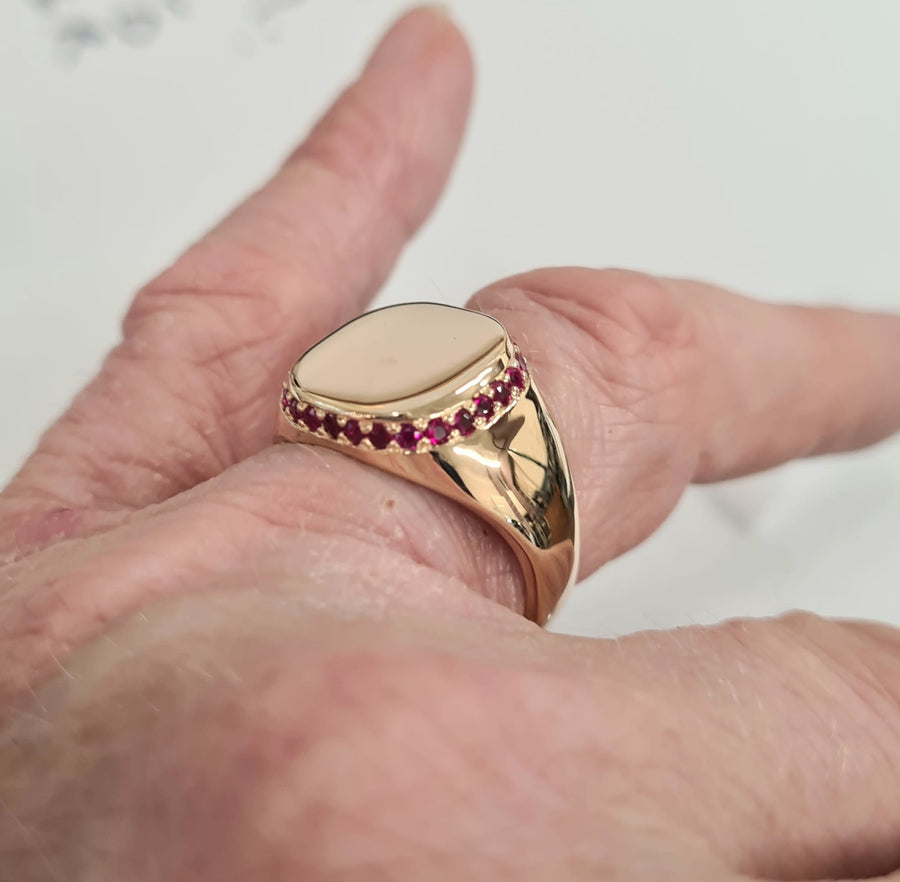 18ct Yellow Gold Cushion Shaped Signet ring set with rubies
