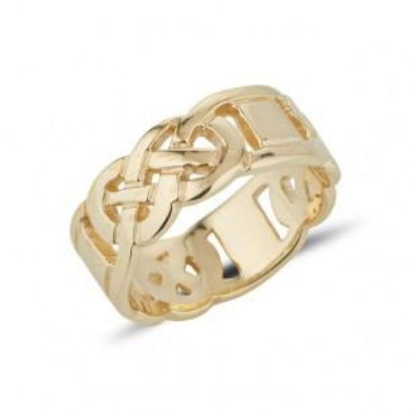 yellow gold gents heavy celtic design ring the design is split around the ring in 3 sections,  and then 3 plain connecting boxes, the design is pierced out