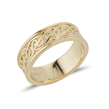 yellow gold celtic ring with celtic design embossed in the centre and 2 gold plain rimms on the outside 7mm version