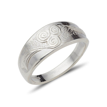 sterling silver celtic design ring with new grange spiral embossed on a tapered band