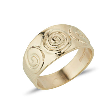 gold celtic design tripple newgrange spiral embossed on a tappered band