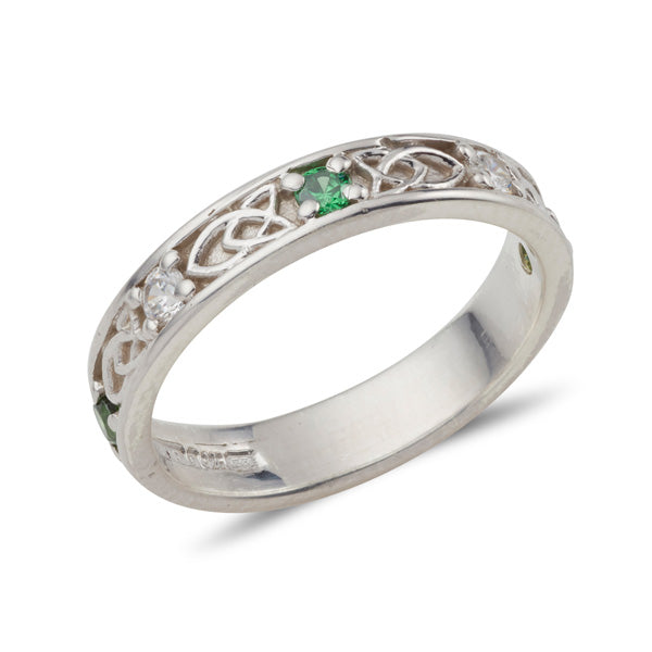 Platinum celtic design gemstone set Jenna band, this ring is set with 5 small 2mm gemstones alternating Emerald and Diamond