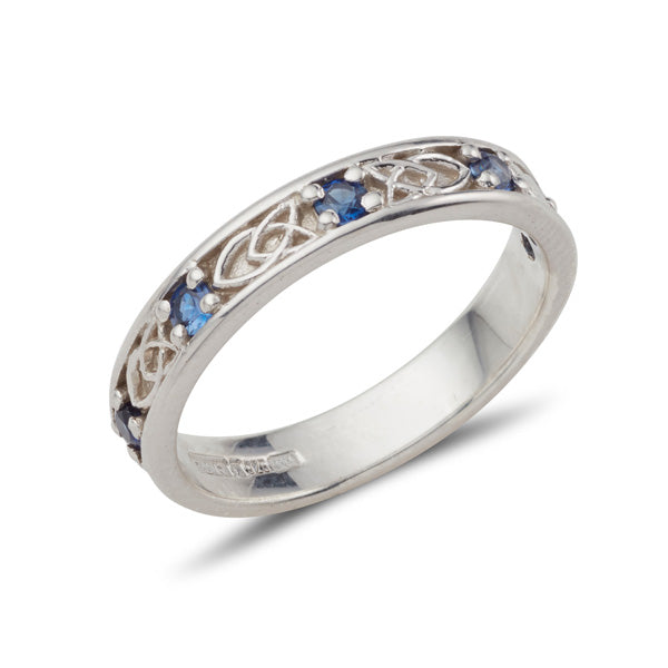 18ct white gold ladies celtic design gemstone set Jenna band, this ring is set with 5 small 2mm Sapphires