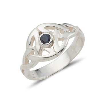 sterling silver celtic trinity knot ring with a small bezel set gemstone in the centre