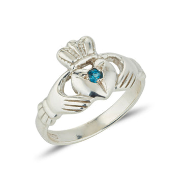 sterling silver ladies claddagh ring with a small round semi precious birthstone star set into the middle of the heart