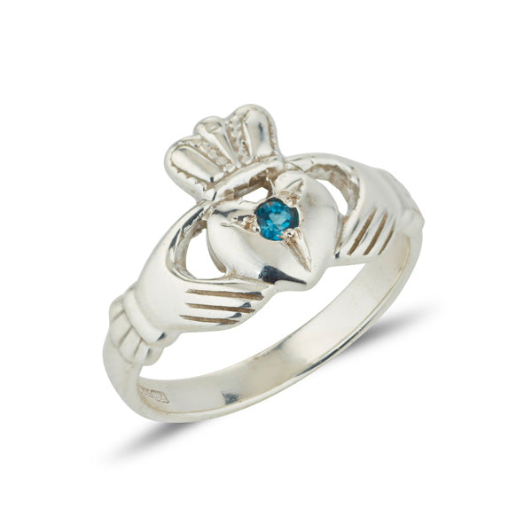 sterling silver ladies claddagh ring classic simple style set with a small round gem quality birthstone in the centre of the heart