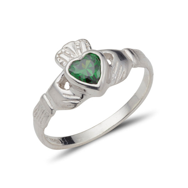 sterling silver ladies claddagh ring with heart shaped bezel set birthstone