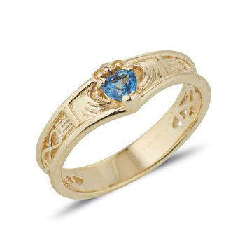 9ct yellow gold wishbone claddagh ring with heart shaped sapphire in the middle