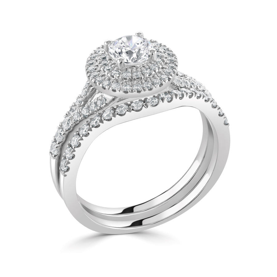 white gold Double halo diamond engagement ring with diamond set split shoulders and fitted wedding ring