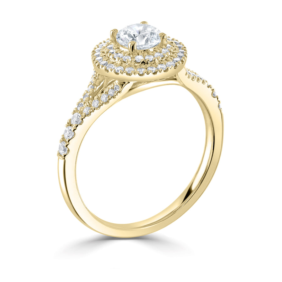 yellow gold Double halo diamond engagement ring with diamond set split shoulders