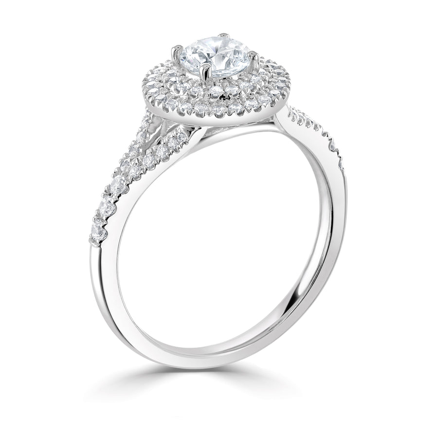 white gold Double halo diamond engagement ring with diamond set split shoulders
