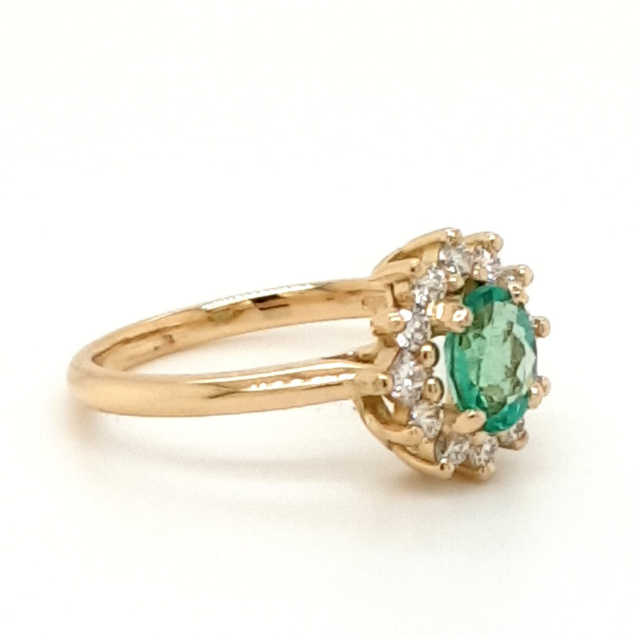 18ct yellow Emerald and Diamond yellow gold cluster ring with wedfit adjustment