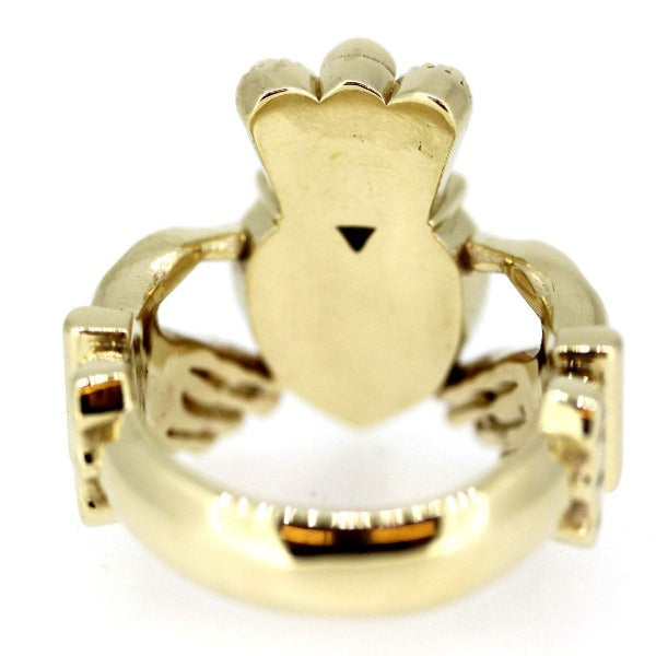 9ct yellow gold extra big and heavy gents statement claddagh ring, from the back so you can see the claddagh ring is completely solid