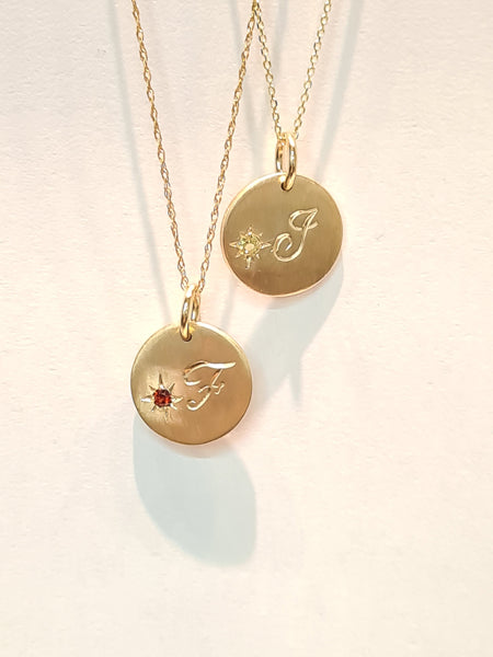 9ct yellow gold disc and chain with hand engraved initial and birthstone