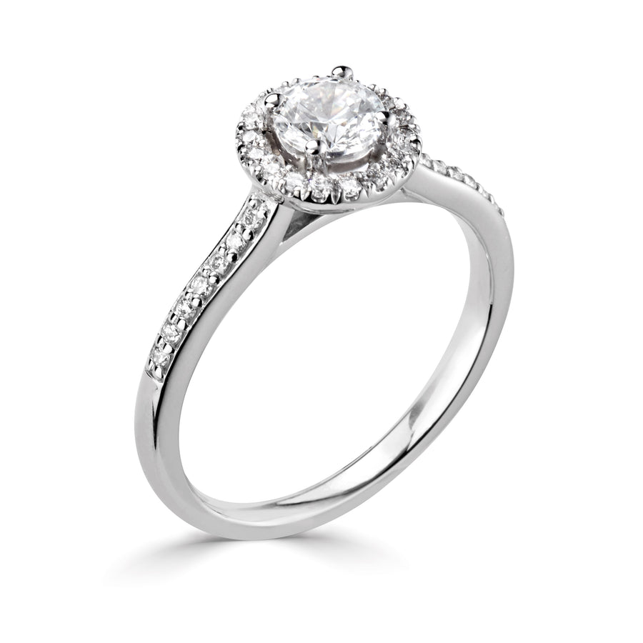 18ct white gold diamond halo engagement ring with side grain set diamonds