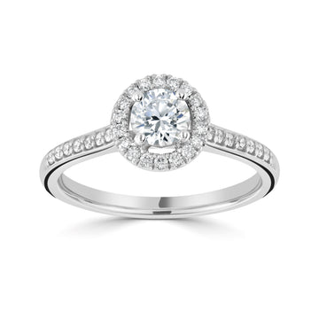 18ct white gold diamond halo engagement ring with side grain set diamond