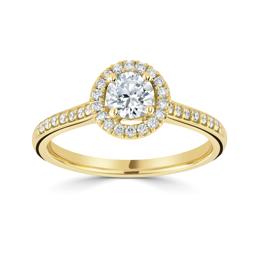 18ct yellow gold diamond halo engagement ring with side grain set diamond