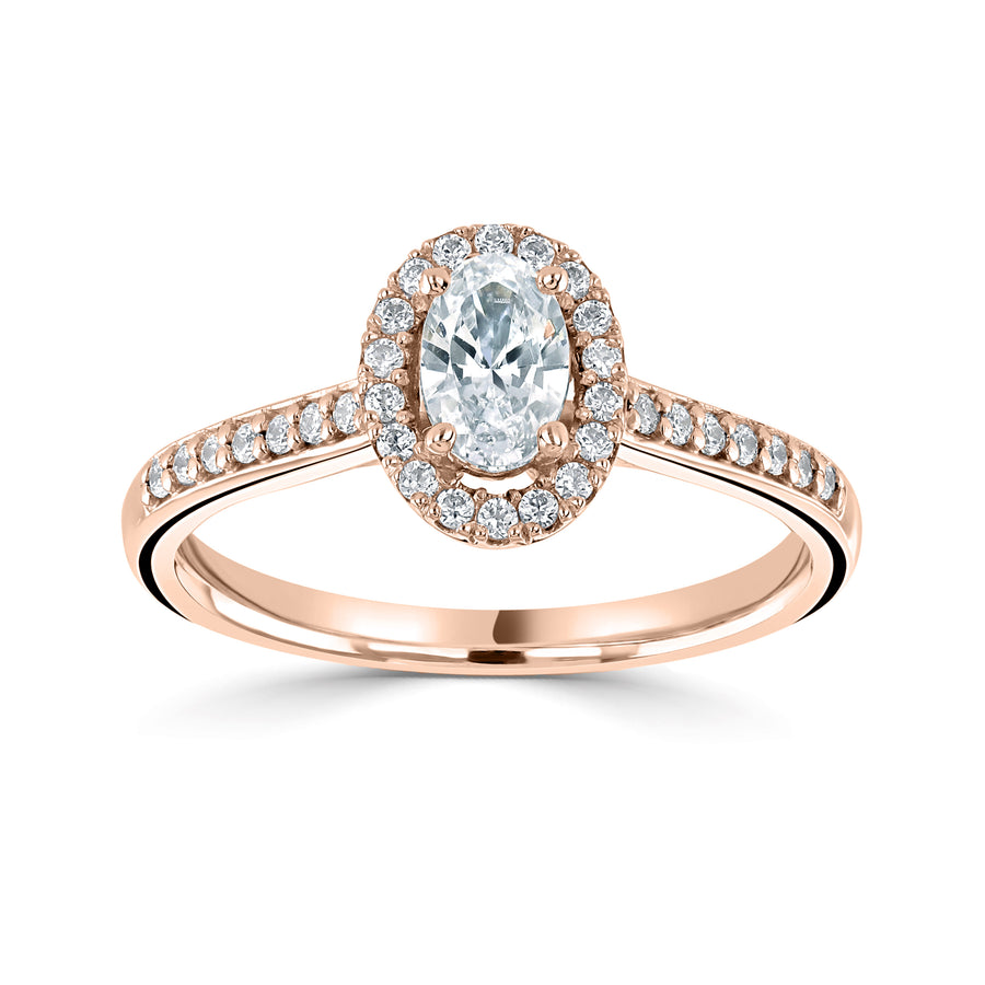 18ct rose gold oval diamond halo cluster ring with diamond set shoulders