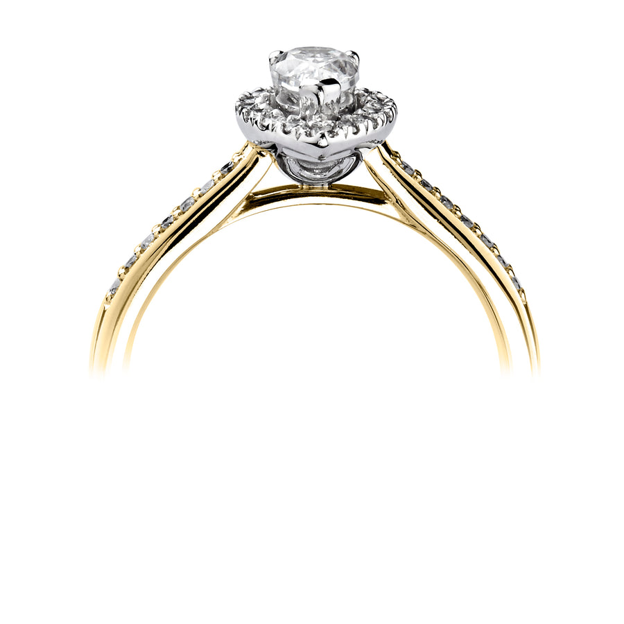18ct yellow gold pear shaped diamond cluster halo with with diamond set shoulders