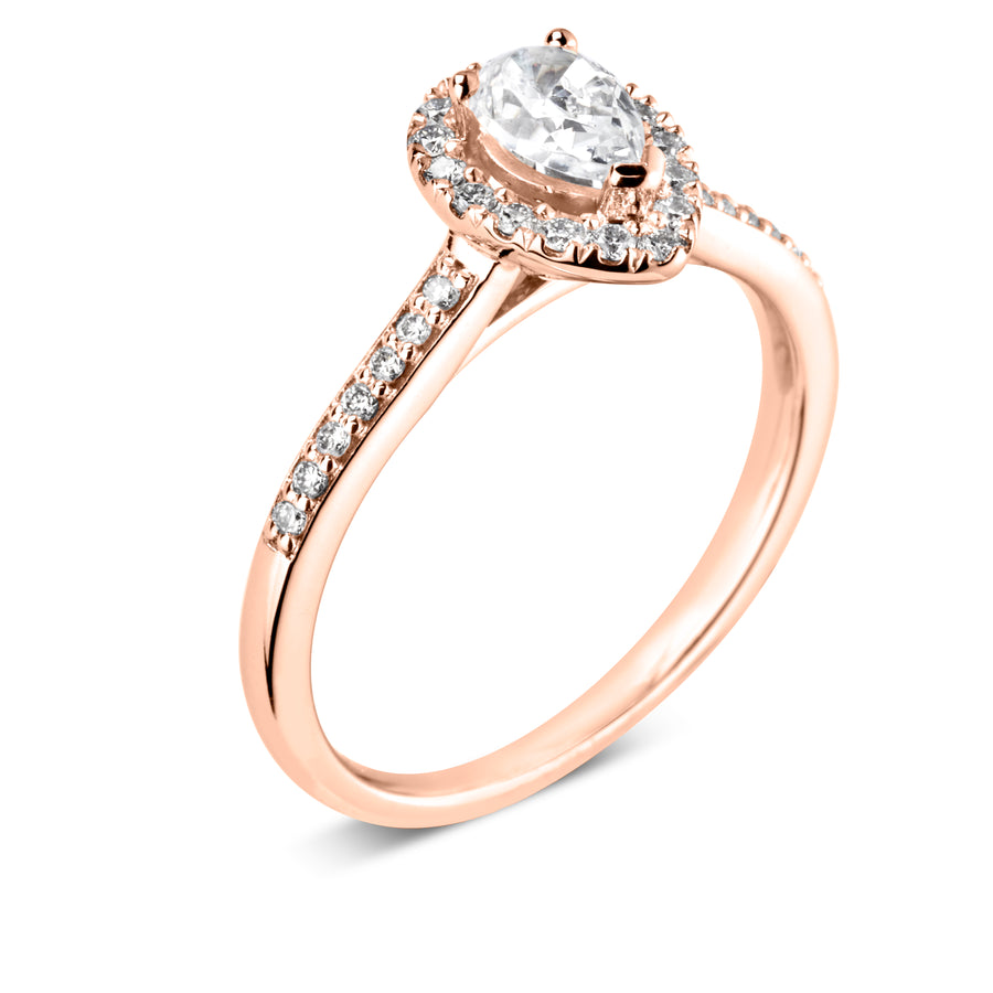 18ct rose gold pear shaped diamond cluster halo with with diamond set shoulders