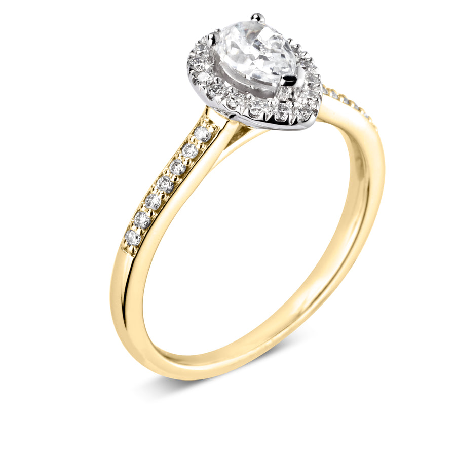 18ct yellow gold pear shaped diamond cluster halo with with diamond set shoulders and platinum head