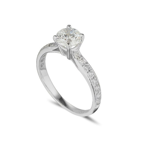 platinum diamond solitaire engagement ring with 4 claws and diamond set shoulders