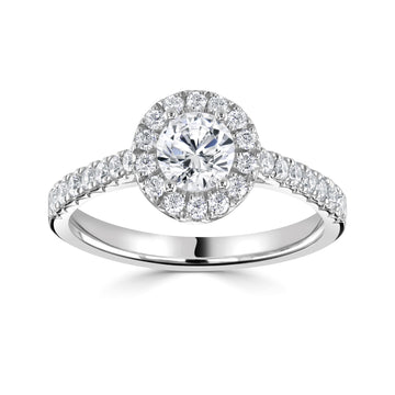 18ct gold halo engagement ring with fish tail diamond set shoulders