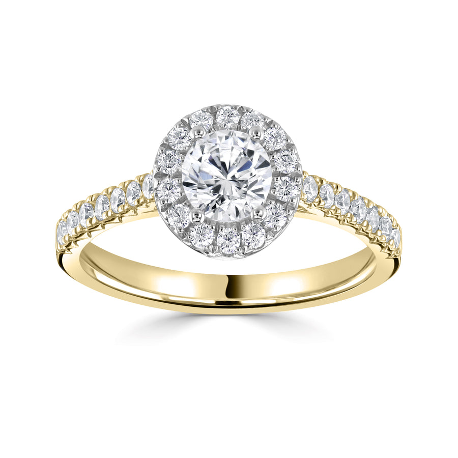 18ct gold halo engagement ring with fish tail diamond set shoulders yellow gold with white gold head