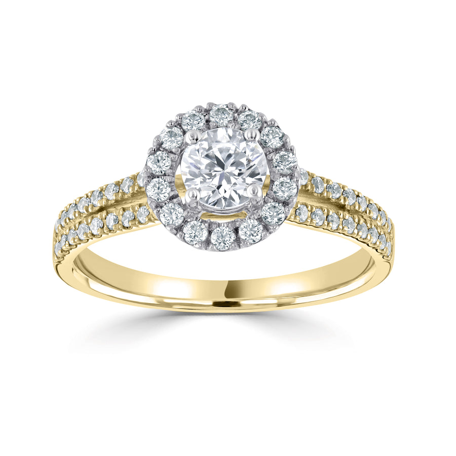 18ct yellow gold diamond halo cluster ring with split shoulders and diamond set , the head of this ring is in platinum