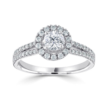 18ct white gold diamond halo cluster ring with split shoulders and diamond set