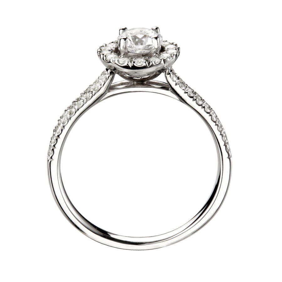 18ct white gold diamond halo cluster ring with split shoulders and diamond set