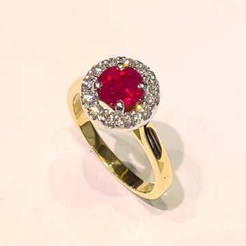 18ct yellow gold ruby and Diamond halo cluster ring