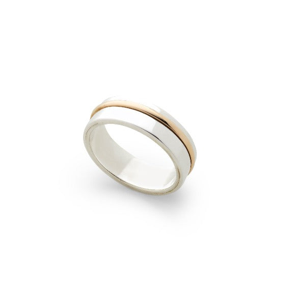 sterling silver flat wedding band with a thin yellow gold ring off set