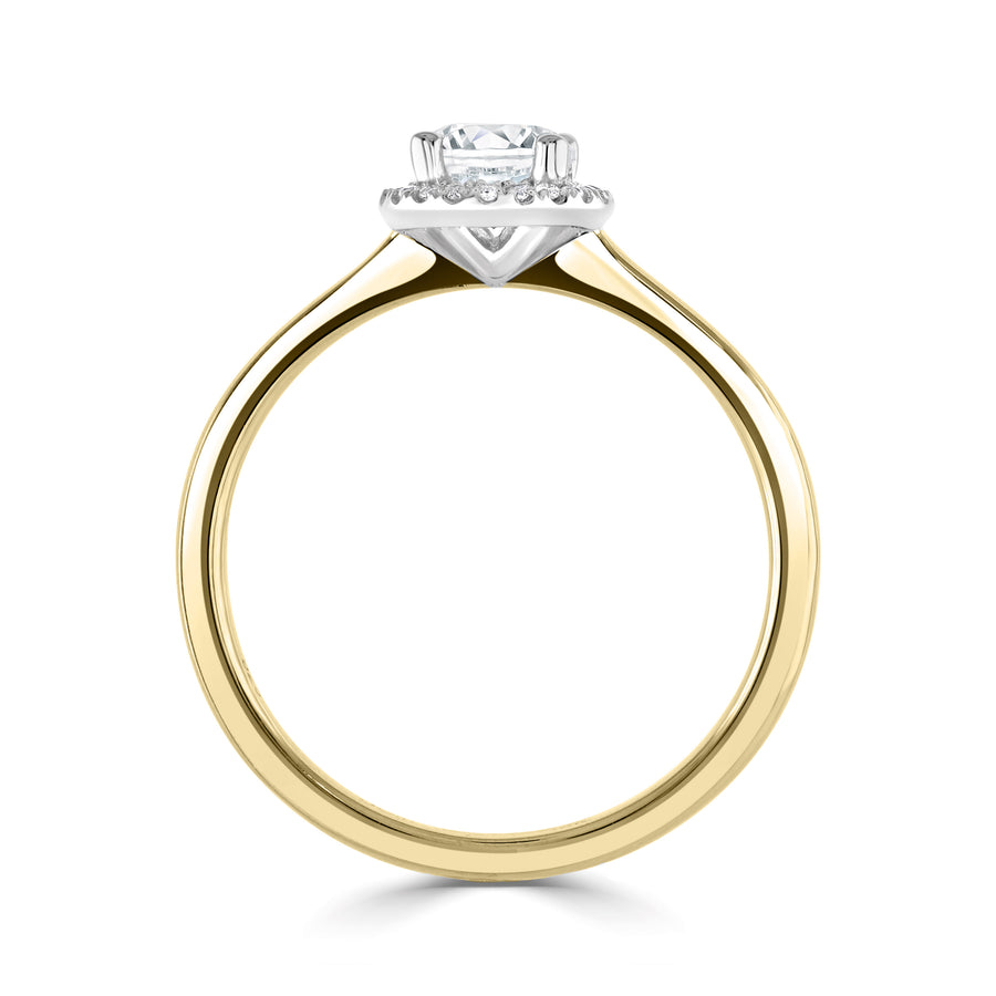 simple diamond round halo engagement ring in yellow gold white gold head
