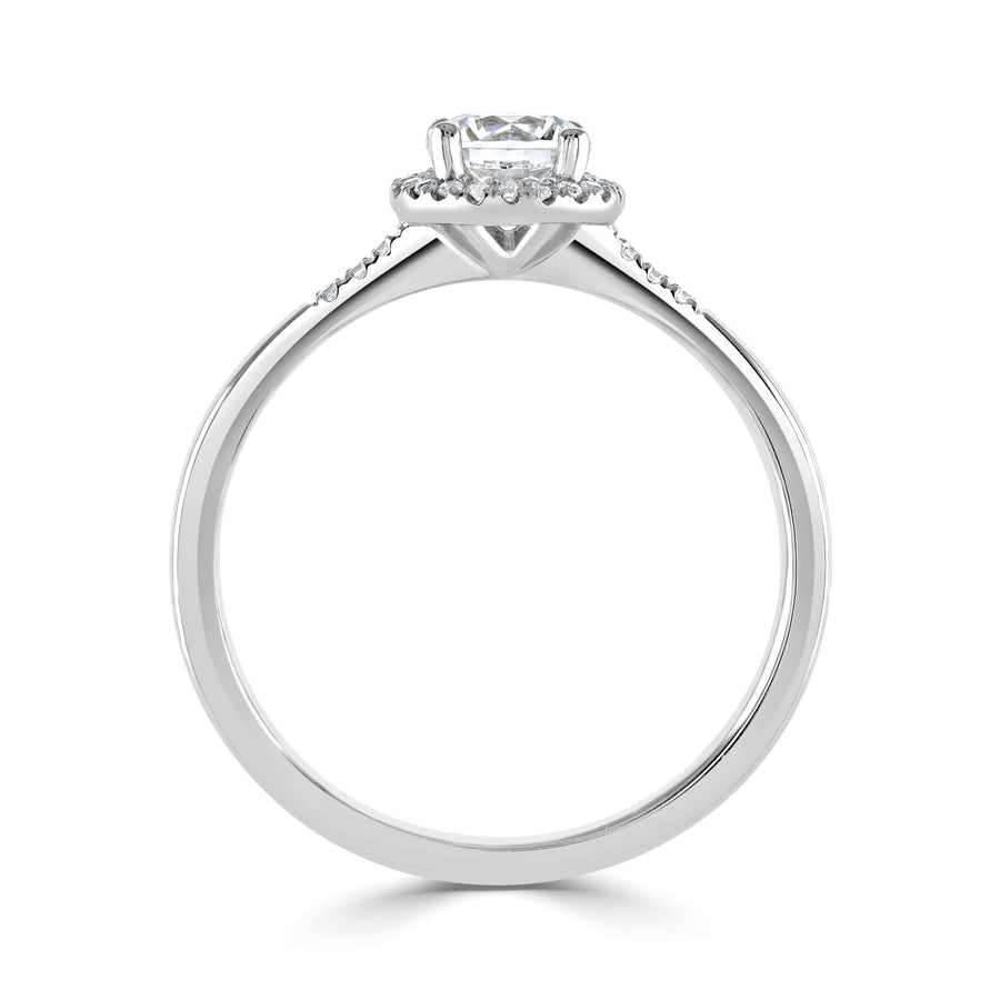 18ct white gold diamond halo engagement ring with side accent diamonds