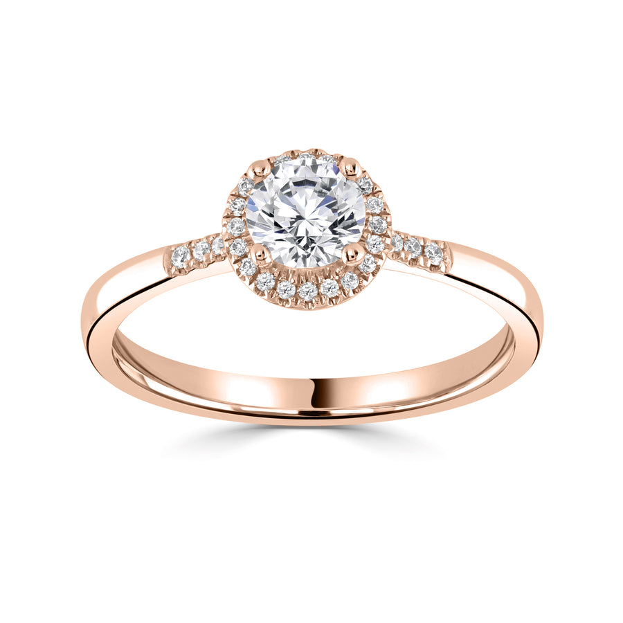 18ct red gold diamond halo engagement ring with side accent diamonds