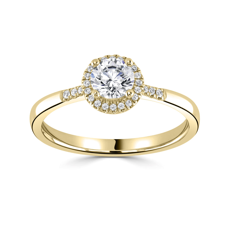 18ct yellow gold diamond halo engagement ring with side accent diamonds
