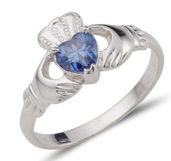 white gold birthstone claddagh ring with heart shaped birthstone